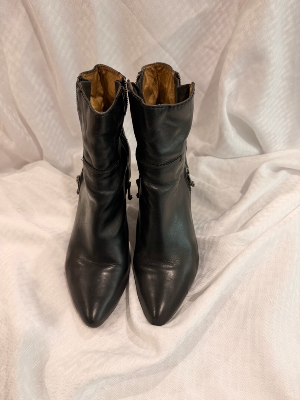 Frye Black Pointed Toe Leather Ankle Booties